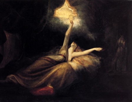 woman bed, reaching toward lightFuessli